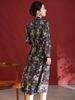 100% Mulberry Silk Long Sleeve Pleated Midi Dress for Women - Printed Slimming Style