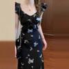 Xiaofei Sleeve Black Butterfly Suspender Dress Women's Summer French Temperament Beautiful Waist Long Dress
