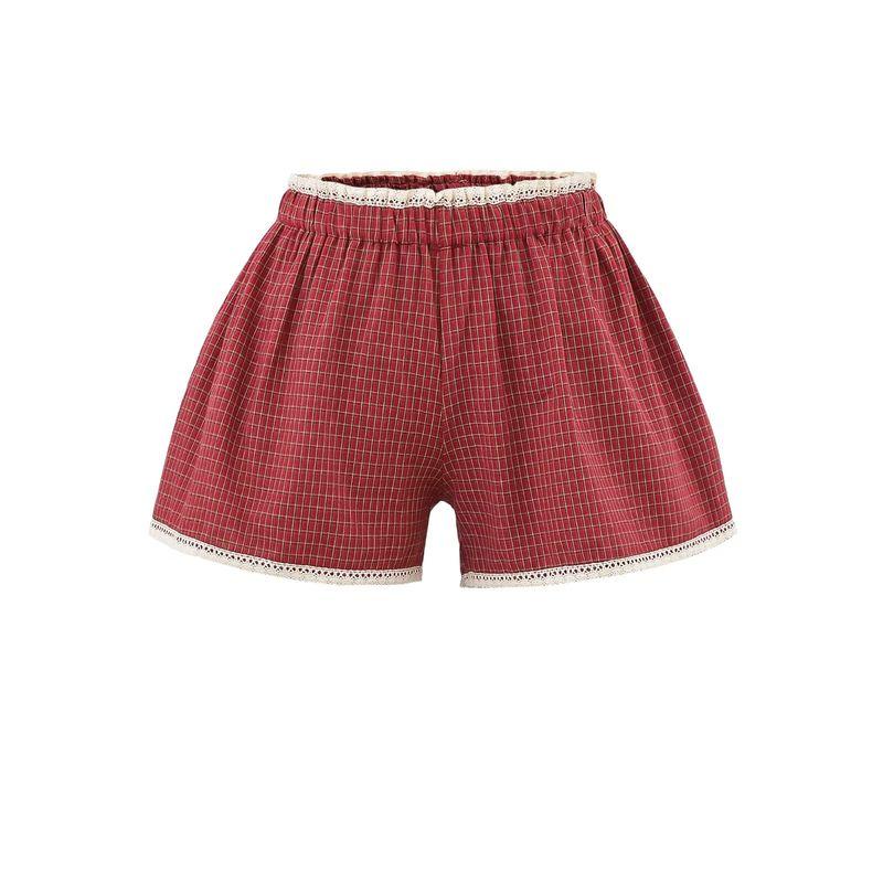 

BM American Style Gyaru Plaid Thin Shorts Beige Lace Edge Elastic Waist Versatile Slimming Casual Pants Red Gingham M