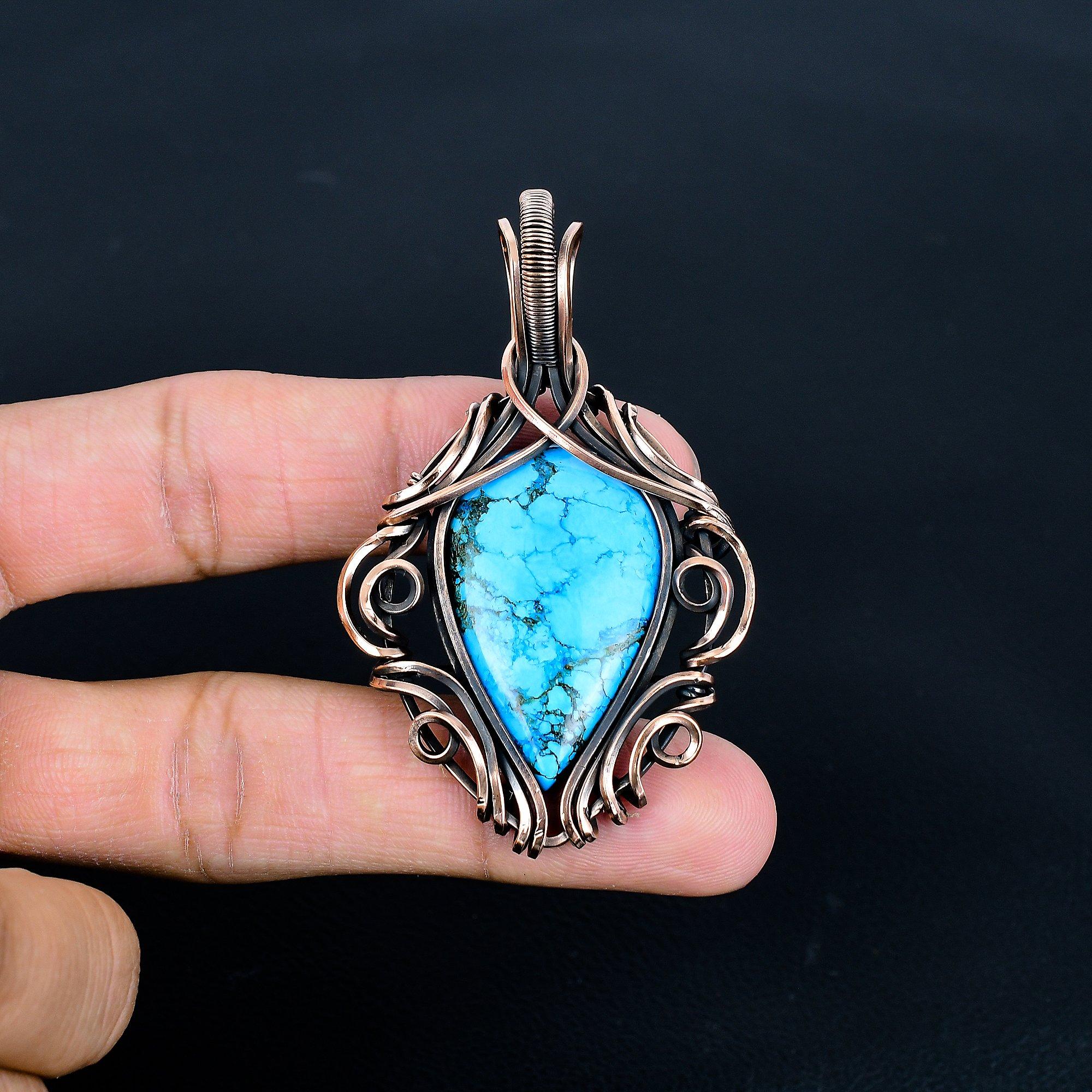 

Turquoise 999 Copper Wire Wrapped Pendant, Handmade Gemstone Pendant Jewelry, Gifts For Wife Brand New Pendant 2.26 Inches