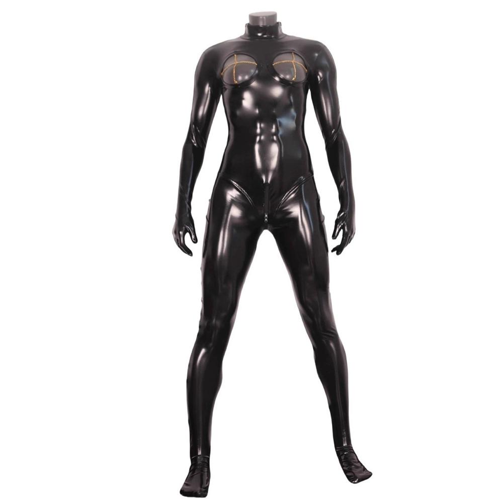 Sexy Women Pu Glove Sleeve Full Body Jumpsuit Zipper Crotch Bodysuit Sexy Tights Faux Leather Open Bust Stage Maid Leotard