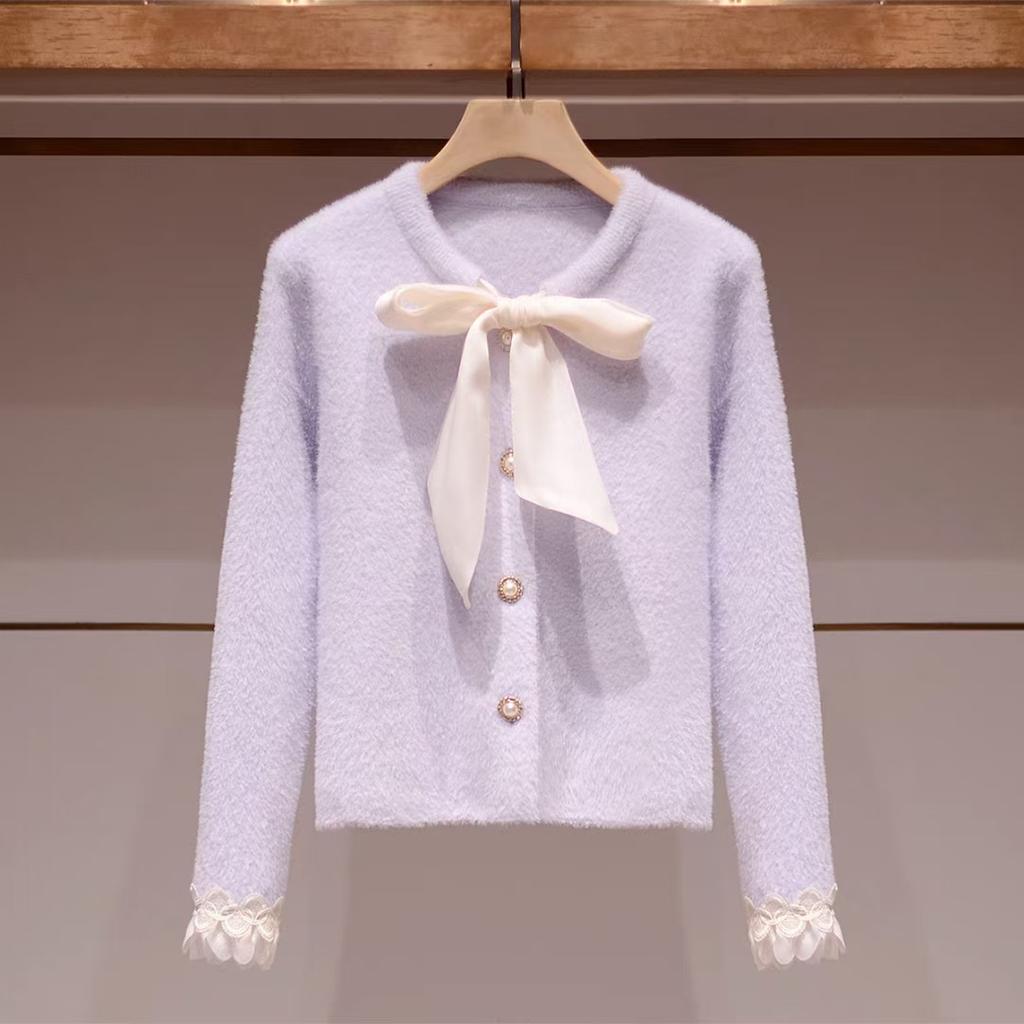 Imitation Mink Fleece Sweater Jacket Spring New Bow Splicing Lace Knitted Cardigan Women