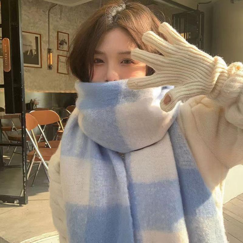 White cream blue and white plaid mohair scarf women's versatile shawl fluffy warm scarf