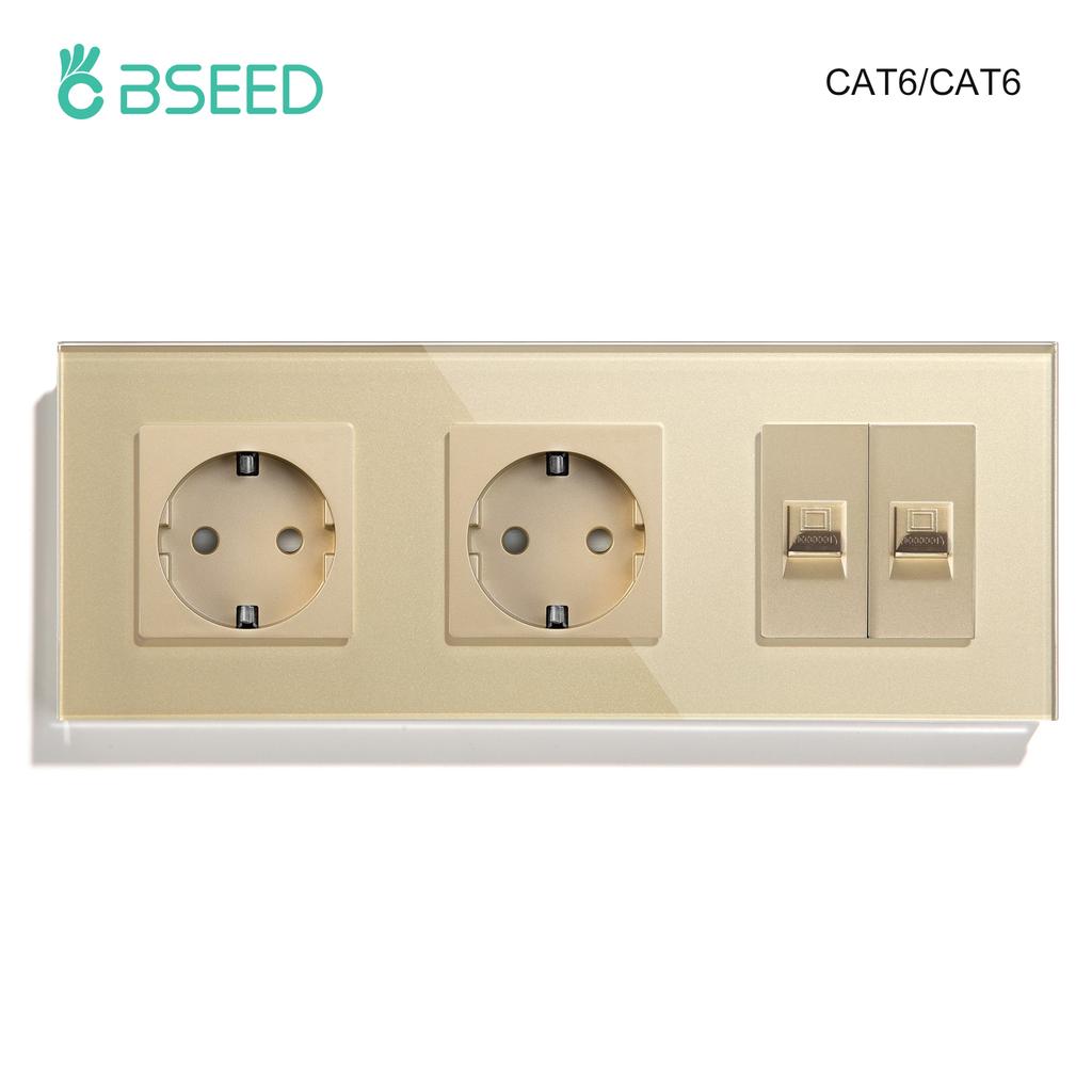 BSEED Dual Internet Sockets CAT6 Wall Socket EU Power Sockets Plus Network PC Data Computer Connecter Outlets Glass Panel