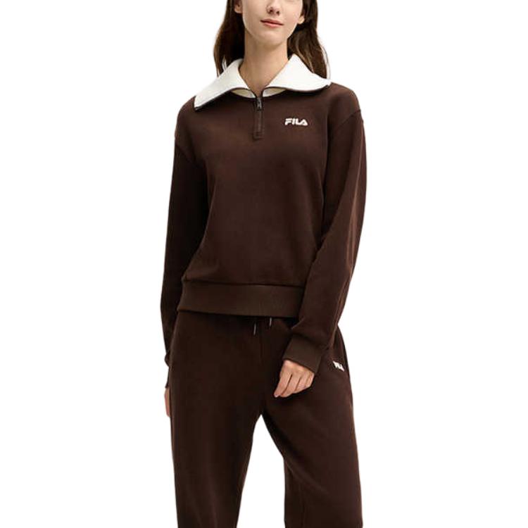 Fila Modern Heritage Warm Comfortable Soft Half-Zip Color Block College Sweatshirt Women Sweatshirt Deep-Rock-Brown F11W518204F-BN