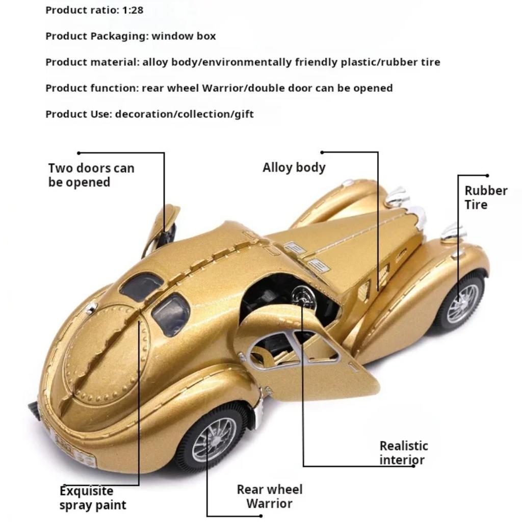 1/28 Scale Vehicle Model Super Classic Vintage Pull Back Toy Car Educational Collection Door Open Car Model Gift Children Gift Car for Bugatti