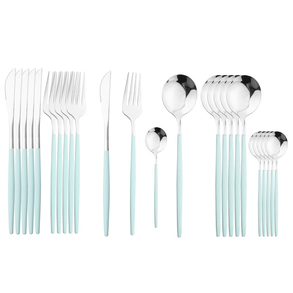 24Pcs Stainless Steel Dinnerware Set Kitchen Fork Spoon Knife Dinner Cutlery Set White Silver Western Flatware Tableware Set