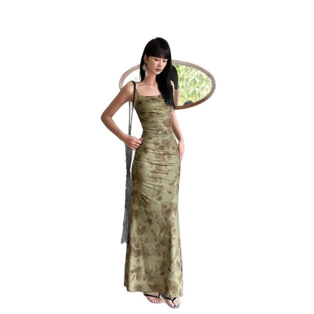 New Chinese-style Green Mesh Yarn Floral Suspender Dress Women's Summer Design High-end Temperament Waist-wrapped Hips Fishtail Dress