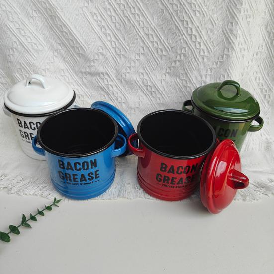 Vintage Enamel Bacon Grease Container with Lid Rustic Farmhouse Grease Container with 2 Handles Kitchen Oil Storage Jar for Storing Lard Spices Soup