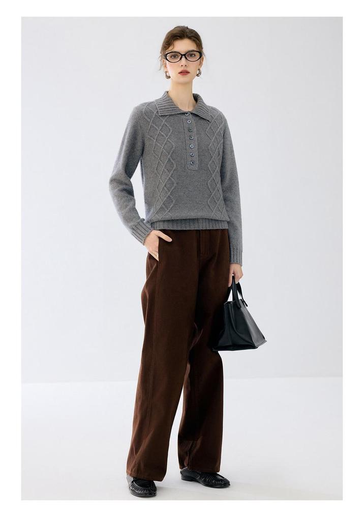 Cashmere Cable Knit Polo Collar Loose Long-Sleeve Sweater for Autumn/Winter