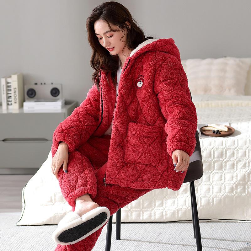 

Коралловые бархатные стеганые пижамы женские зимние трехслойные из плотного флиса домашняя одежда женский зимний фланелевой термобелье XXL