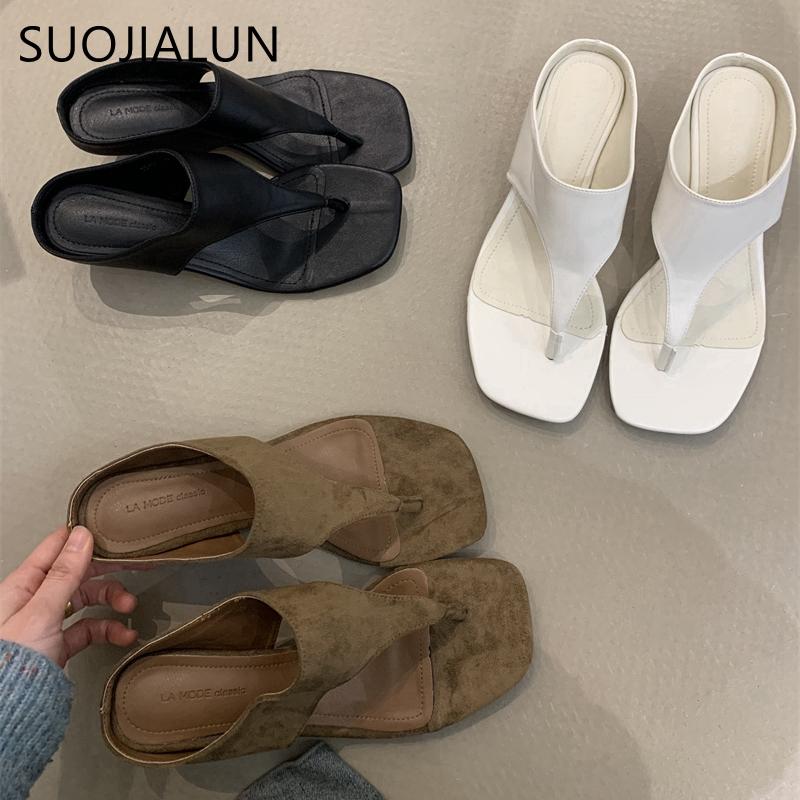 Fashion SUOJIALUN 2025 Summer New Women Flat Shoes Fashion Square Toe Slip On Flip Flop Shoes Thin High Heel Outdoor Dress Sandal Slides