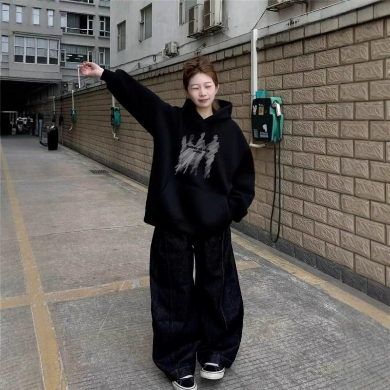 American Streetwear Heavyweight Black Hoodie 2026 Fall Winter Loose Fit Hip Hop Sweatshirt