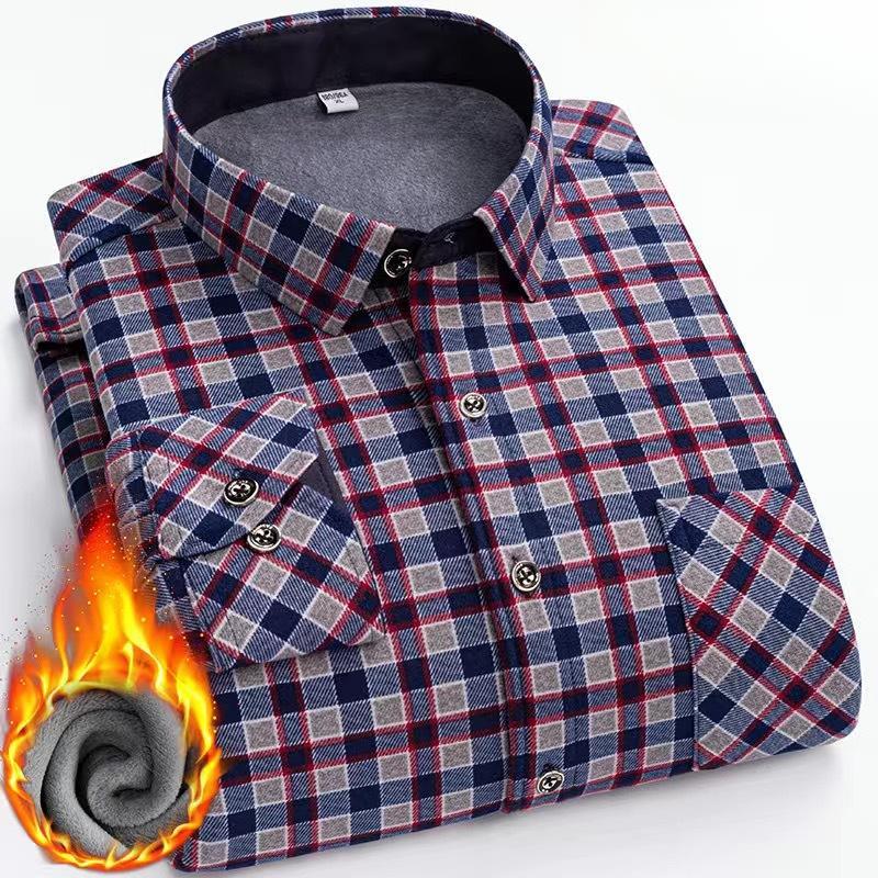 Camicia a maniche lunghe a quadri da uomo con pile ispessito, casual, business, elastica, non stirabile, calda, per gli anziani