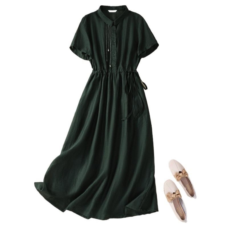 Real Shot Summer Thin Cotton and Linen Literary Simplicity and Thin Medium and Long Short-sleeved Dress Women