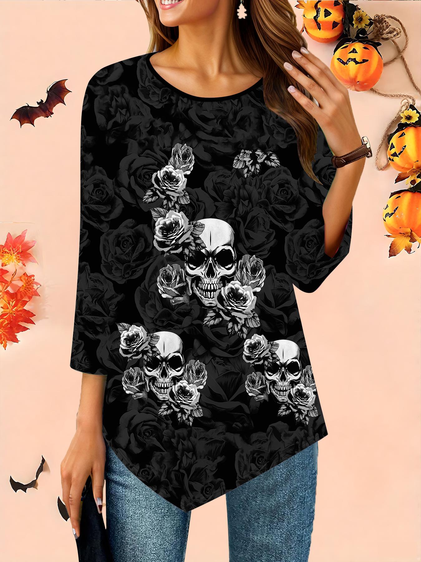 

Женская свободная футболка с круглым вырезом и рукавом три четверти, 3D-рисунок на Хэллоуин, идеальный подарок на Хэллоуин и Рождество XS чёрный