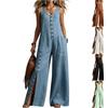 Damen Leinen Knopf Tasche Ärmellos Elegant Und Modisch Jumpsuit