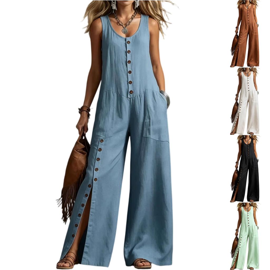 Sleeveless Wide Leg Jumpsuit for Women with Button Down Front and Side Pocket Loose Fit Casual Overalls Romper
