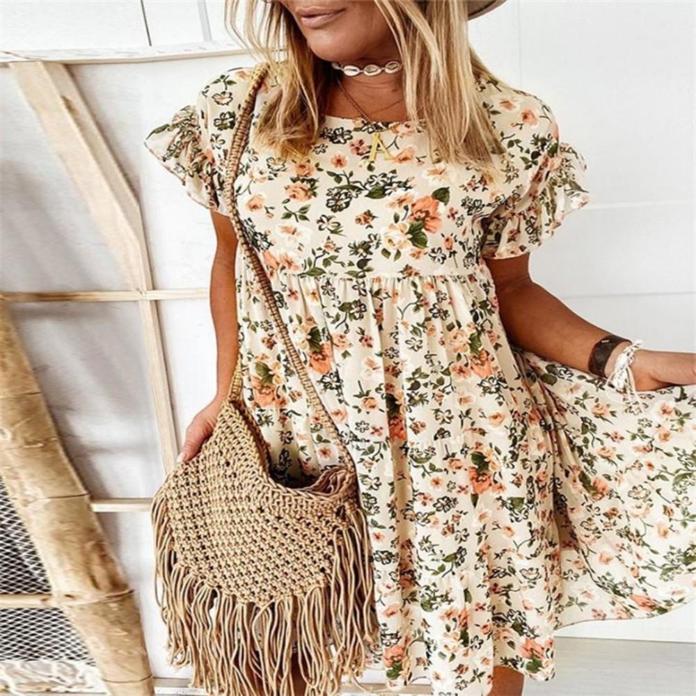 2025 Spring Summer Round Neck Flower Printed Short Sleeve Loose Dress Fashionable and Versatile Trend