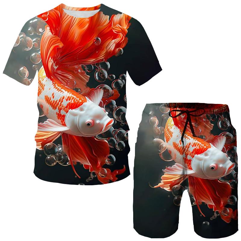Letnie koszulki z nadrukiem 3D karpi koi, zestawy szortów, męskie dresy, oversize koszulka z krótkim rękawem, zestaw spodni, męskie garnitury, odzież