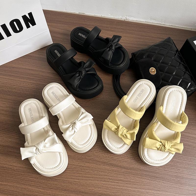 Bow thick-bottomed cool slippers women's outer wear new summer skirt versatile one-word drag