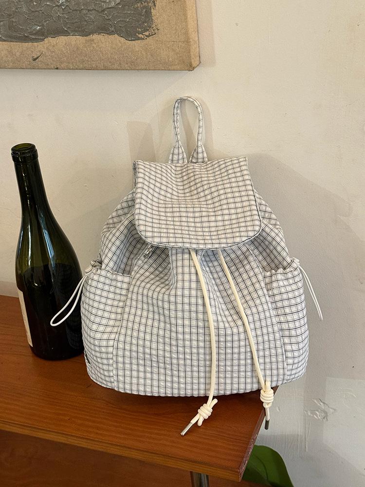 Korean Plaid Drawstring Backpack, New Large-capacity Student Commuting Versatile Backpack, Niche Lightweight Nylon Schoolbag