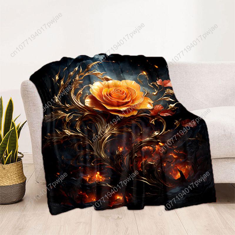 1pc Cozy Golden Leaf Rose Print Blanket - Lightweight Flannel Throw For Sofa, Bed, Travel, Camping, Living Room, Office, Couch,