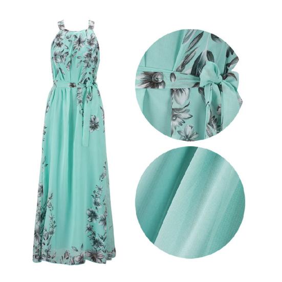 Women Beach Dress Flower Printing Bohemian Sleeveless Lace Up Tight Waist Dress-up Backless Loose Women Maxi Dress Female Clothes