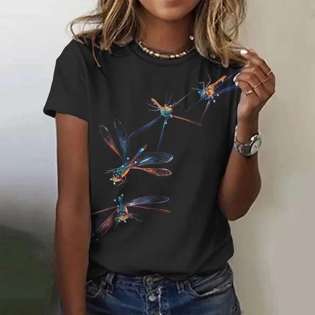 Damska koszulka 3d Dragonfly Printed Girls Top Street O-Neck z krótkim rękawem modna koszulka letnia codzienna koszulka dla kobiet