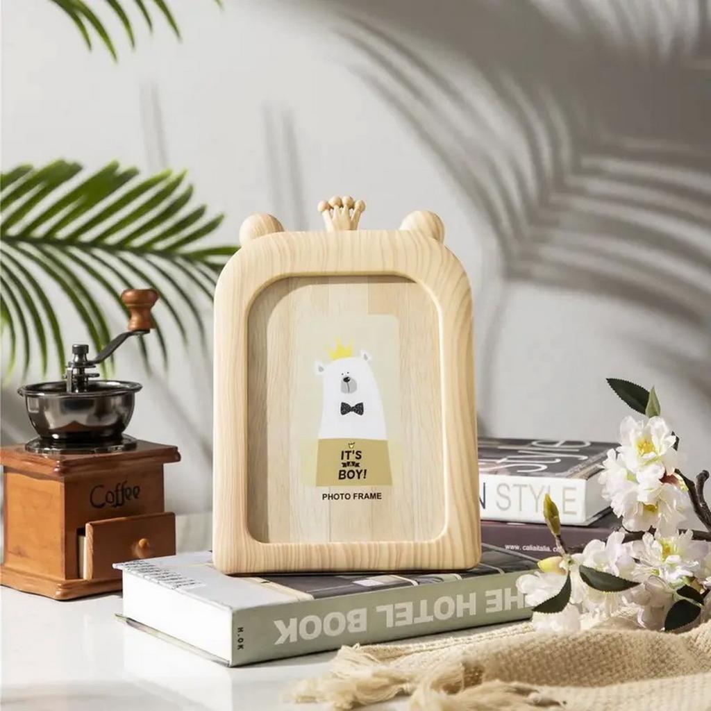Cartoon Crown Vertical Rectangular Photo Frame Walnut Design Simple Cute Plastic Tabletop Display with Polished Finish