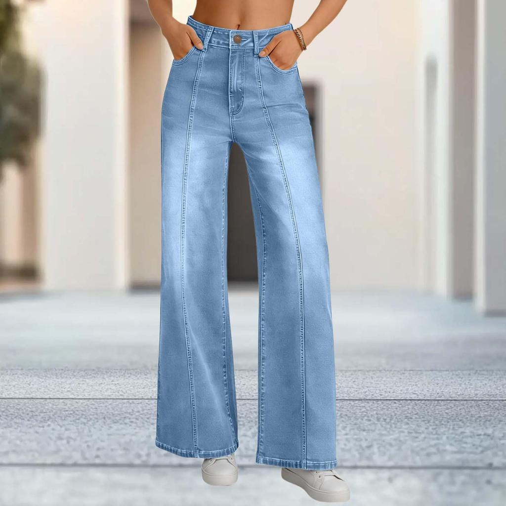 Damen Jeans mit weitem Bein Leichte gerade geschnittene lockere Jeans mit Kordelzug Denim Hose