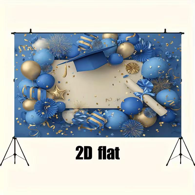 2D Graduation Backdrop Blue Gold Cap Diploma Balloon Confetti Blank Custom Photo Banner