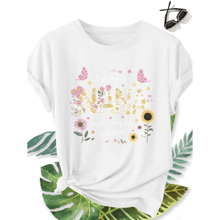 Elegant plus-size short-sleeve shirt for women Flower NANA Grandma print pattern round-neck women's comfortable, soft, breathable new spring-summer
