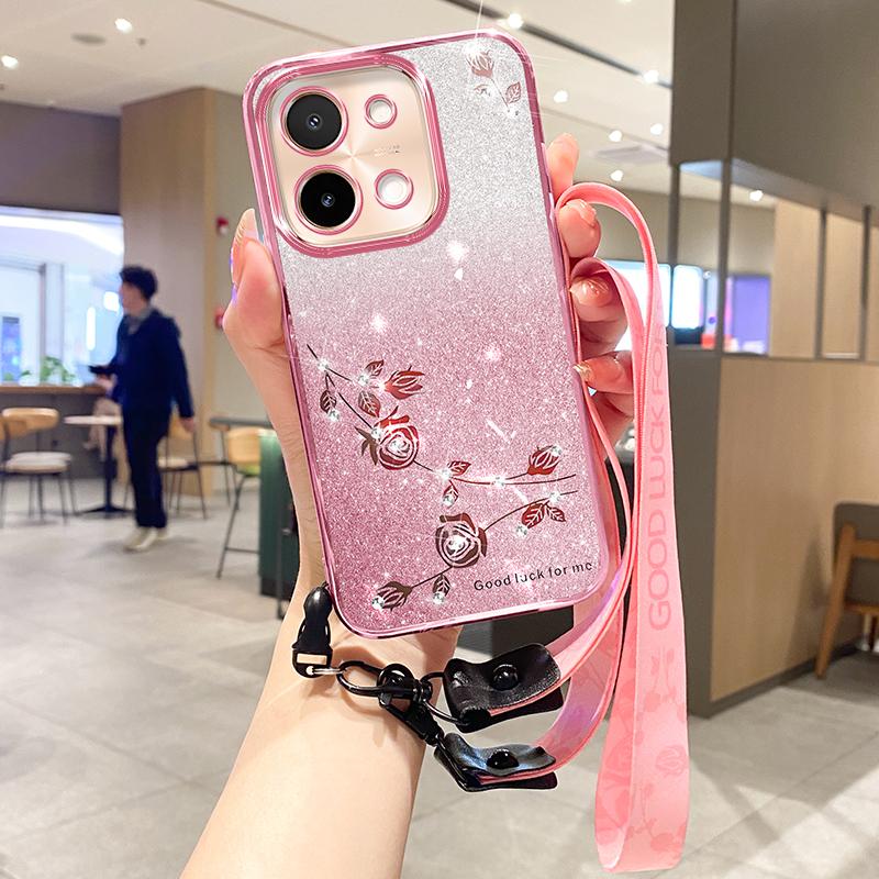 

For vivo Y28 4G Case Gradient Glitter TPU Phone Cover with Lanyard Rose Gold