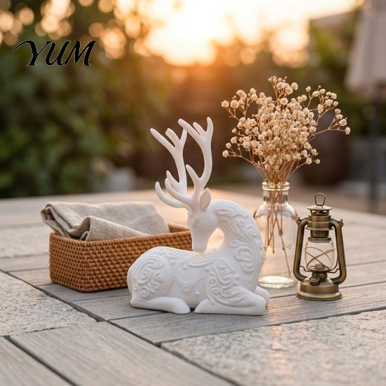 Elegant Animal Figurines 3D Printed Deer Figurine, White Sitting Stag Sculpture with Antlers, Home Accents Minimalist Christmas Tabletop Decor