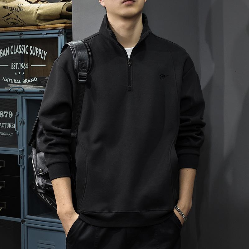 Autumn Winter Brushed Embroidered Men's Sweatshirt American Retro Half Zipper Stand Collar POLO Shirt Loose Pullover