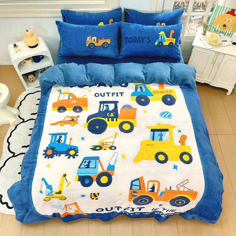 Thickened Milk Fleece Four-Piece Set, Fleece Astronaut Flange Coral Fleece Children'S Bed Sheet Quilt Cover Three-Piece Set Men
