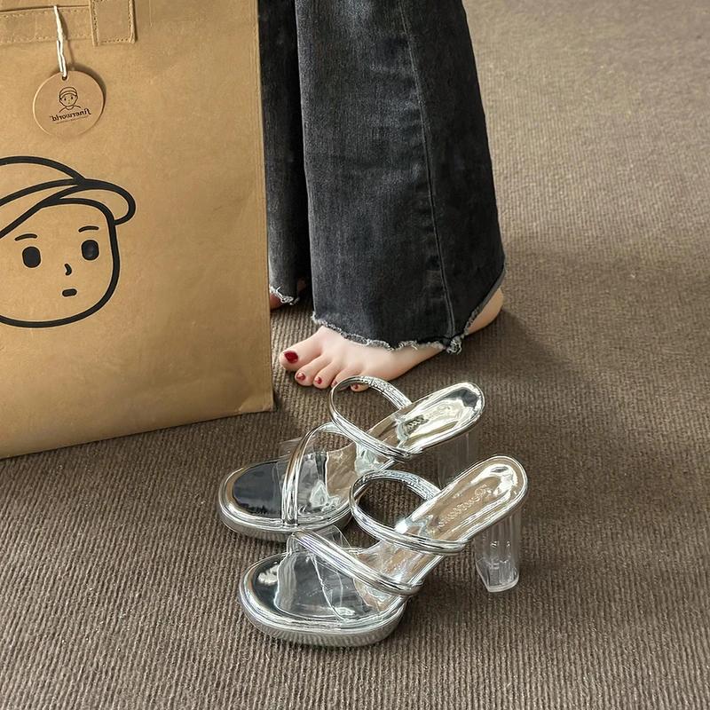 Transparent Slippers Summer Women's Shoes Square Heel Heeled Mules Luxury Slides Pantofle Jelly Flip Flops Block High Designer 2