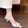 Summer gentle temperament thin heels high heels women go out baotou rhinestone single shoes solid color pointed toe sandals