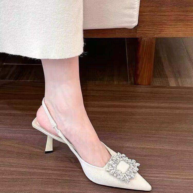 Summer gentle temperament thin heels high heels women go out baotou rhinestone single shoes solid color pointed toe sandals