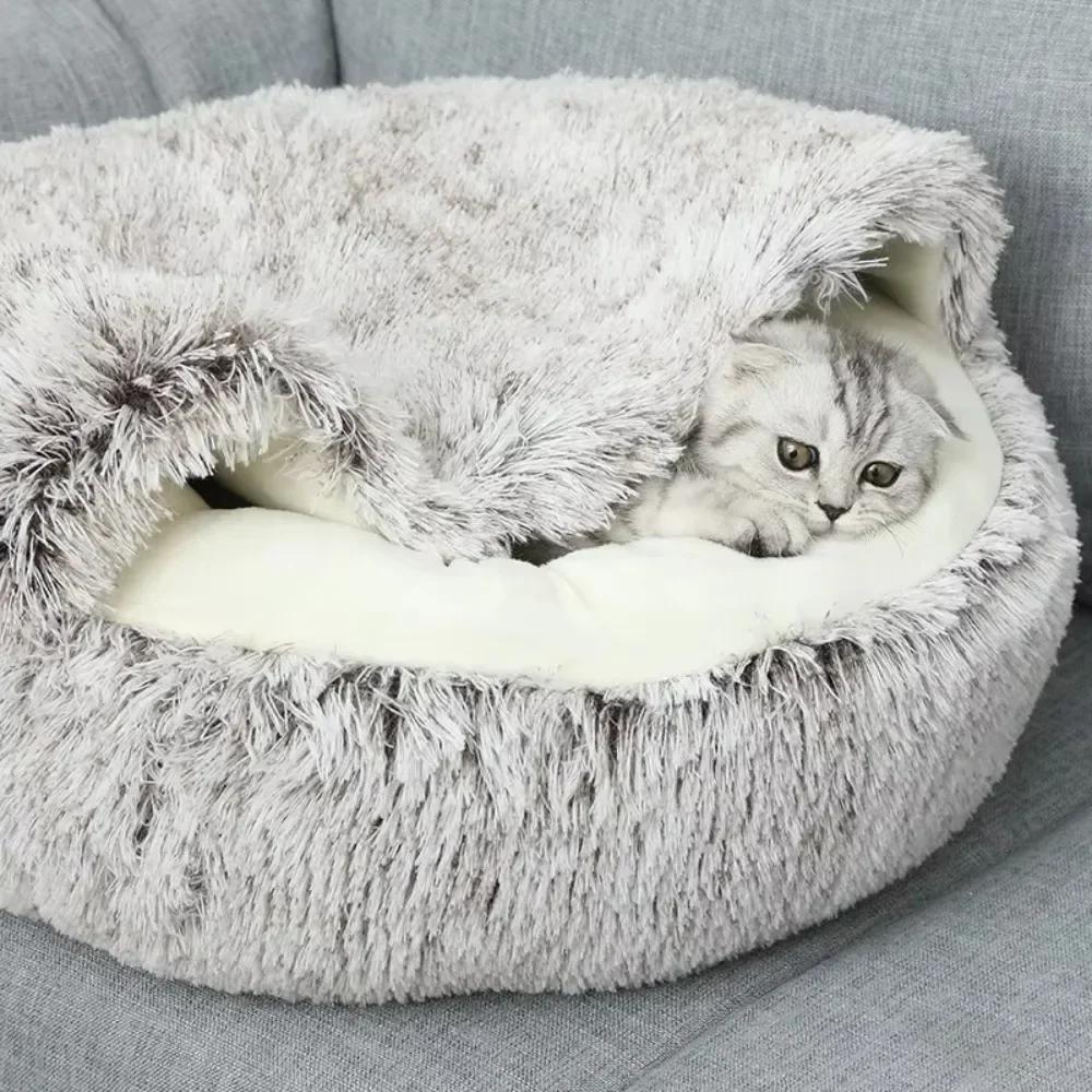 Warm Long Plush Pet Bed Round Cats Cushion Cat House 2 in 1 Comfortable Sleep Bag Enclosed Round Cat Cushion House Warm Basket