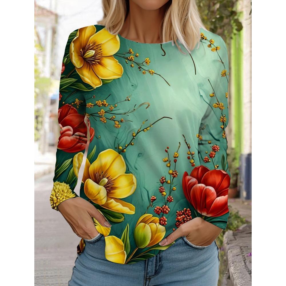 Women's 3D printed floral T-shirt with fashionable long sleeves