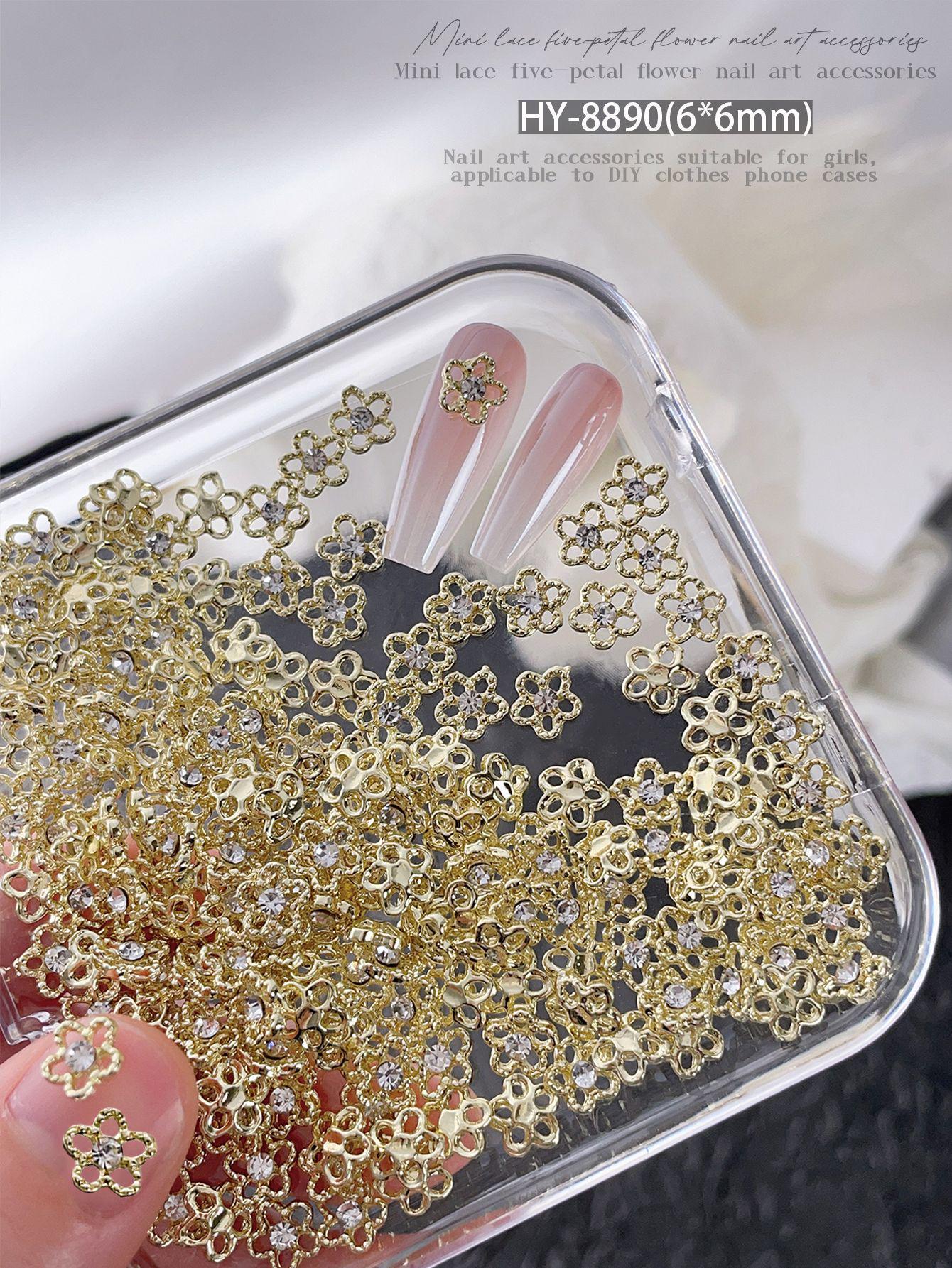 

Mini Five-Petal Flower Alloy Nail Art Jewelry with Colored Diamond Inlays - Super Flash Hollow Press-On Nail Accessories