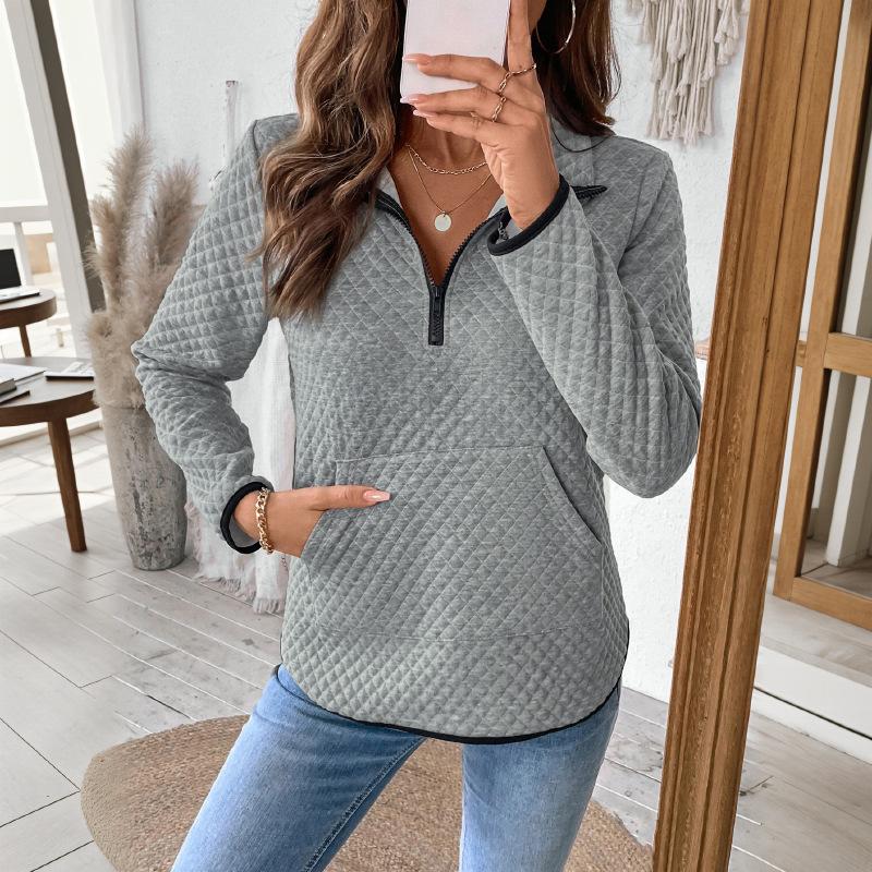 Women's Waffle V-Neck Zipper Half Placket Pullover Sweatshirt Casual Solid Color Muscle Top