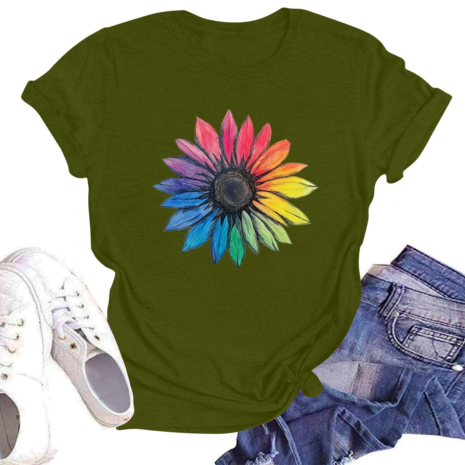 

Женская повседневная свободная футболка с принтом, круглый вырез, пуловер, короткий рукав, топ L армия зеленый