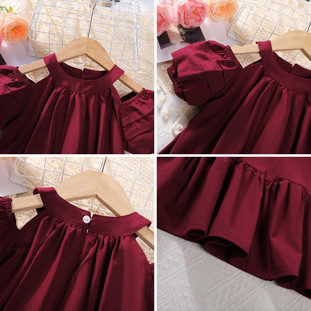 Summer Girls' Korean Dress Solid Color Round Neck Off Shoulder Princess Dress Girls' Stylish Children's Summer Outfit