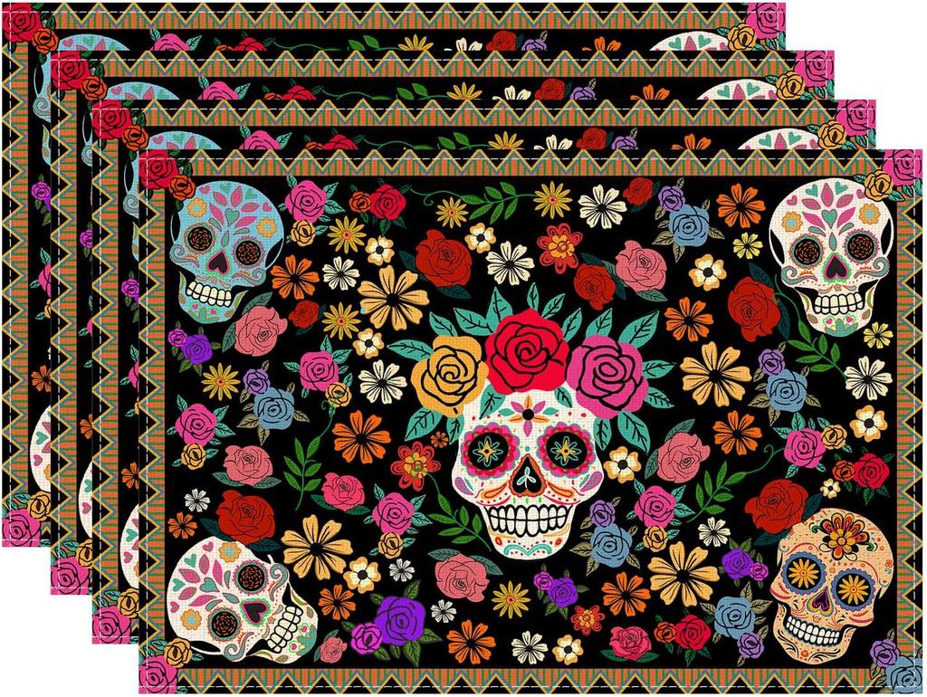 Sugar Skull Colorful Flowers Mexican Style Dia De Los Muertos Placemats Set of 4 Day of The Dead Table Mats