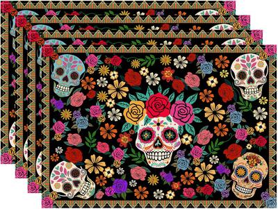 Sugar Skull Colorful Flowers Mexican Style Dia De Los Muertos Placemats Set of 4 Day of The Dead Table Mats