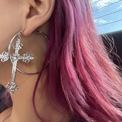 Vintage Gothic Cross Zircon Decor Hoop Earrings, Women Able Earrings for Holidays and Daily Wear