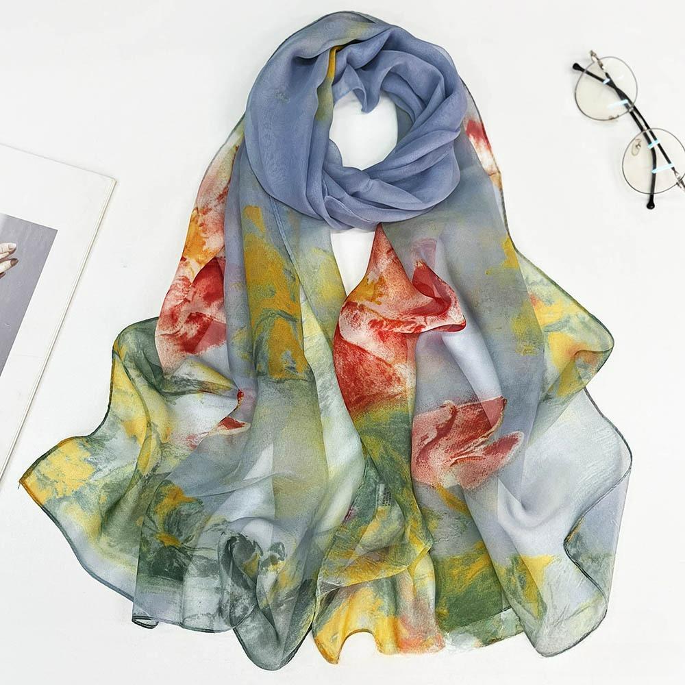 Sunscreen Silk Scarf Seaside Beach Towel Long Ladies Silk Scarf Lotus Pond Moonlight Thin Silk Scarf